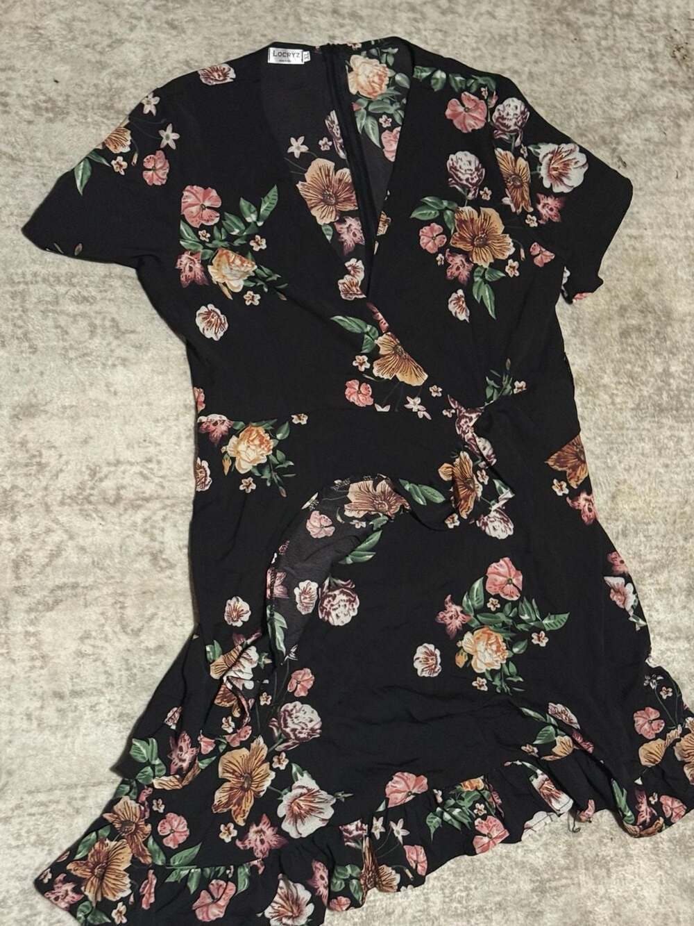 Locryz Floral V-Neck Ruffle Hem Faux Wrap Mini Dress